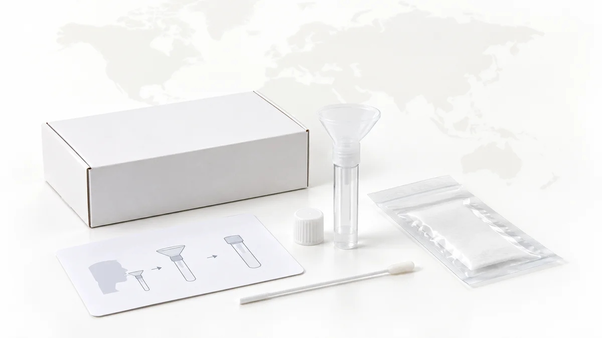 Kit de prélèvement salivaire générique, tube et écouvillon, posé sur une table claire devant une carte du monde floue